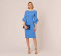 Knit Crepe Sheath Dress With Tiered Three Quarter Sleeves In Cool Water