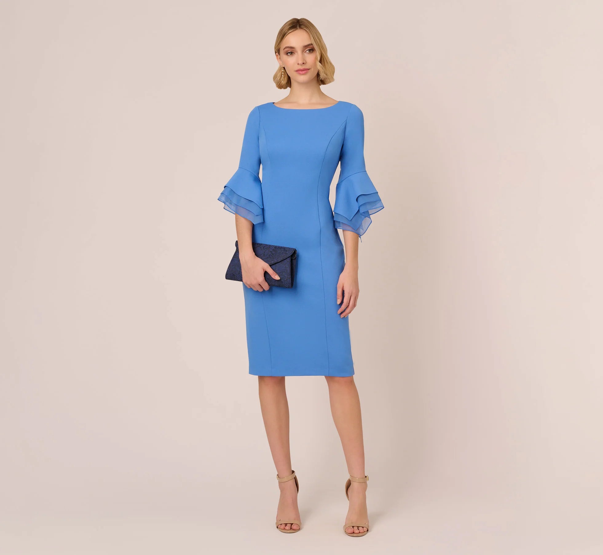 Knit Crepe Sheath Dress With Tiered Three Quarter Sleeves In Cool Water