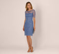 Short Sleeve Illusion Floral Beaded Sheath Dress In French Blue