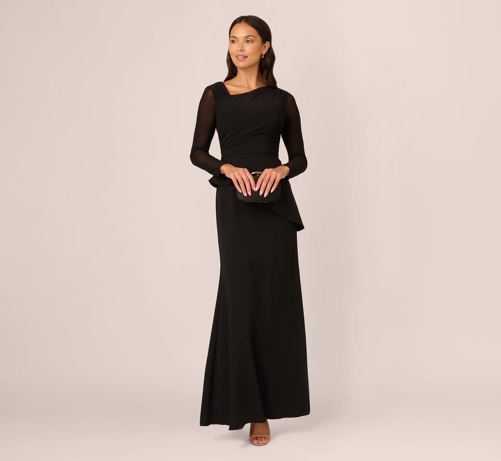 Knit Crepe Combo Mesh Gown In Black