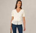 Puff Sleeve Lace Ruffle Peplum Top In Ivory