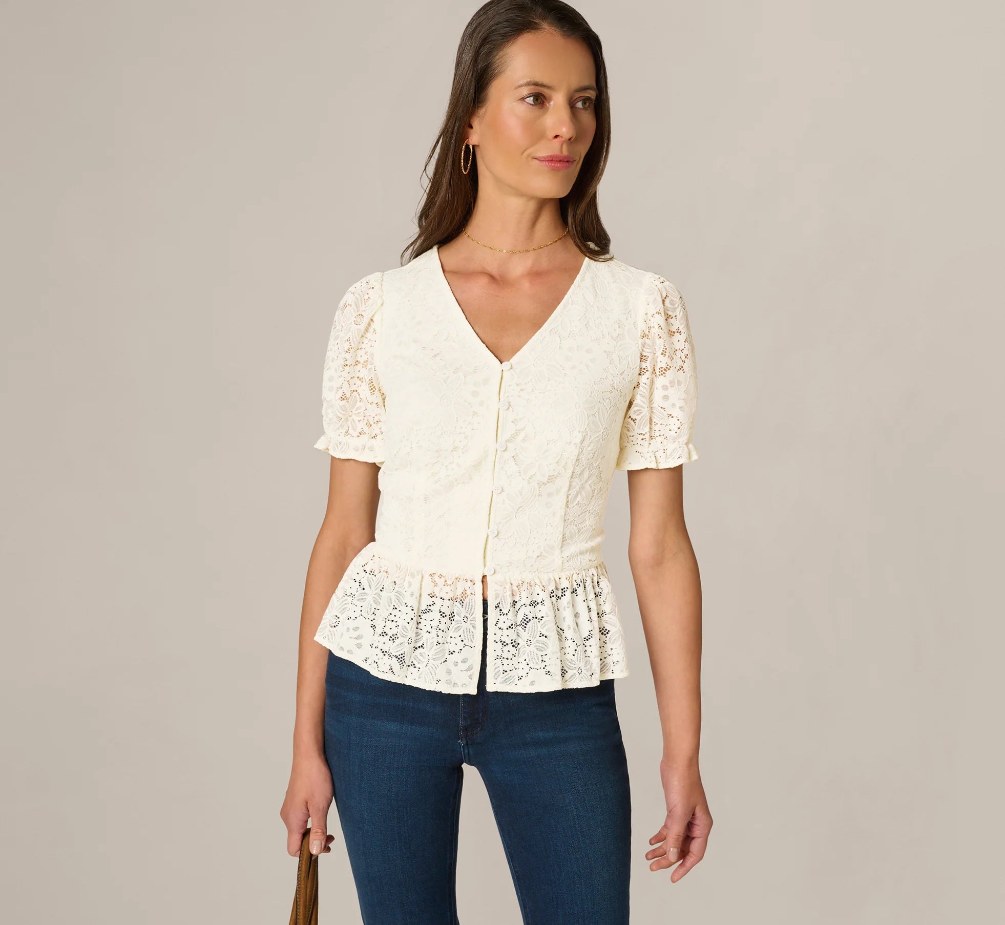 Puff Sleeve Lace Ruffle Peplum Top In Ivory
