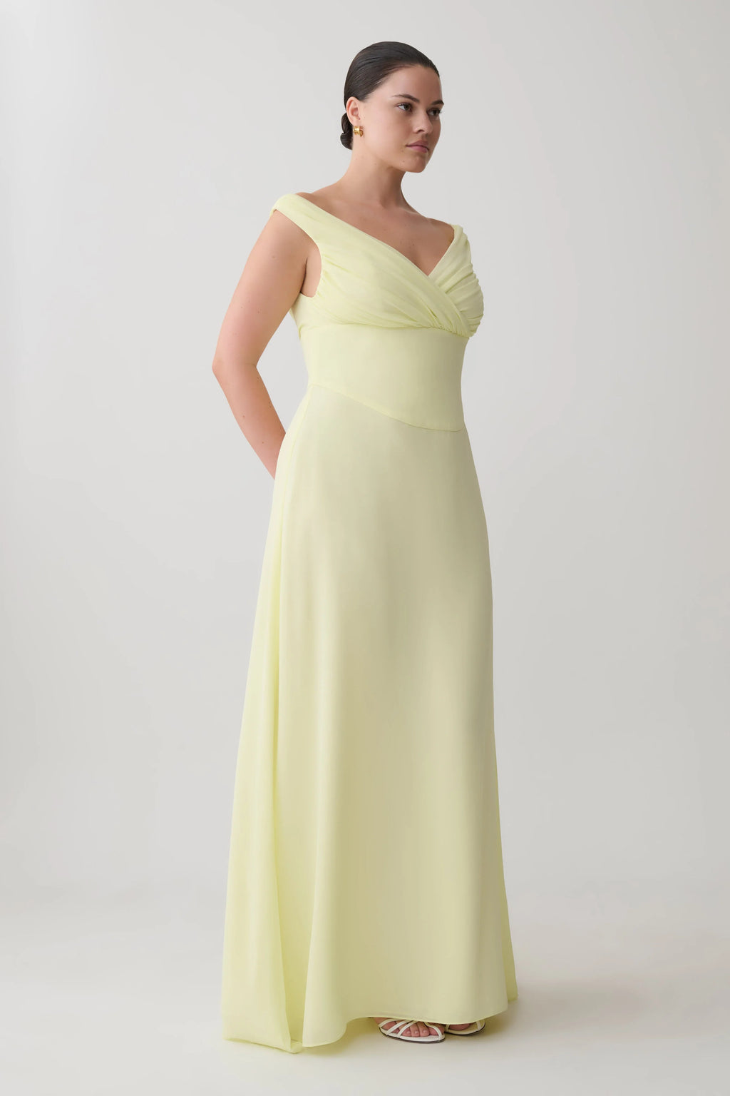 Mabel Off Shoulder Chiffon Maxi Dress - Lemon