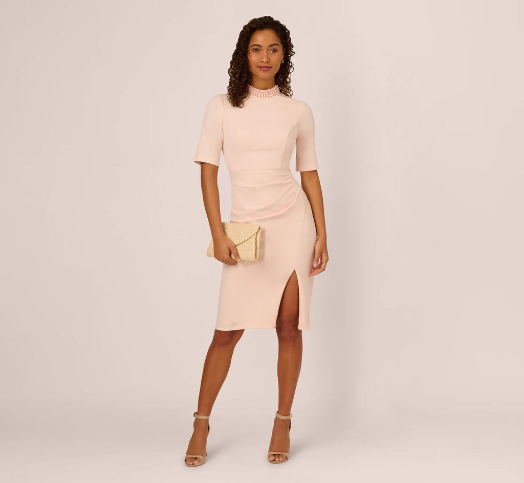 Embellished Short Sleeve Crepe Midi Sheath Dress In Joyful Blush