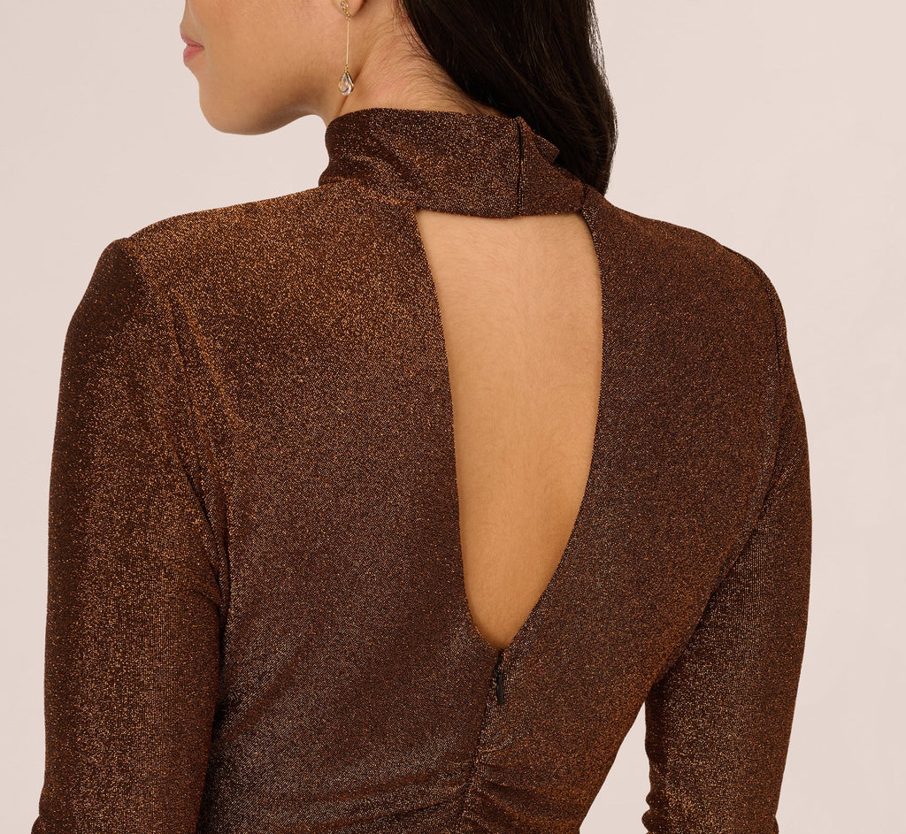 Long Sleeve Shimmer Knit Midi Dress In Bronze Black