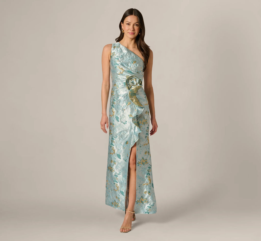 Petite One Shoulder Floral Jacquard Rosette Gown In Blue Multi