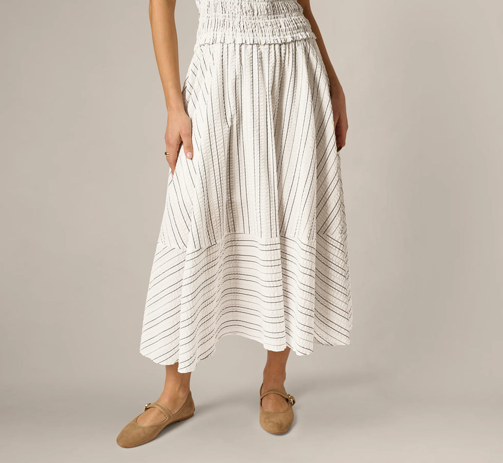 Smocked Seersucker Halter Midi Dress In Ivory Multi