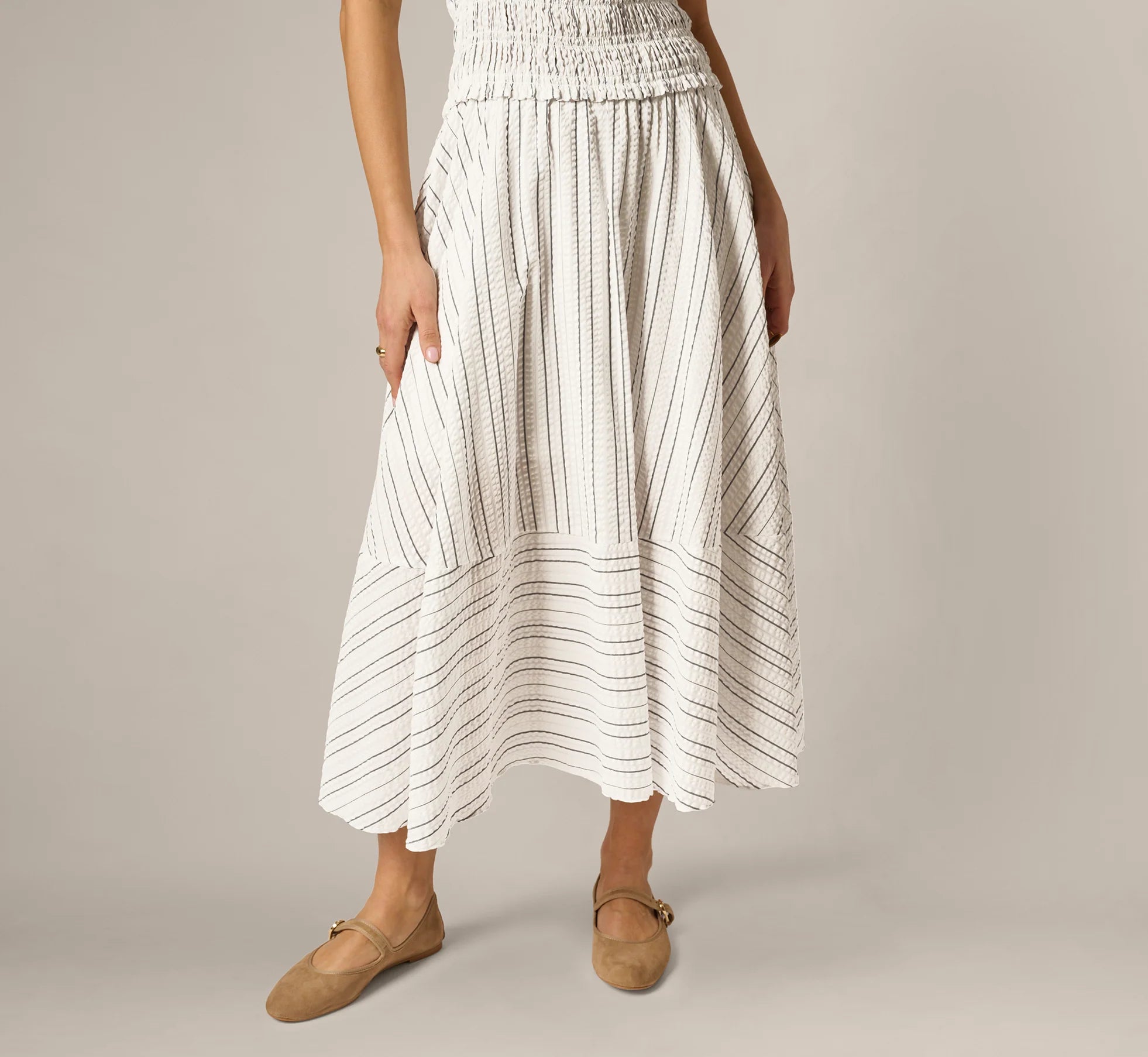 Smocked Seersucker Halter Midi Dress In Ivory Multi