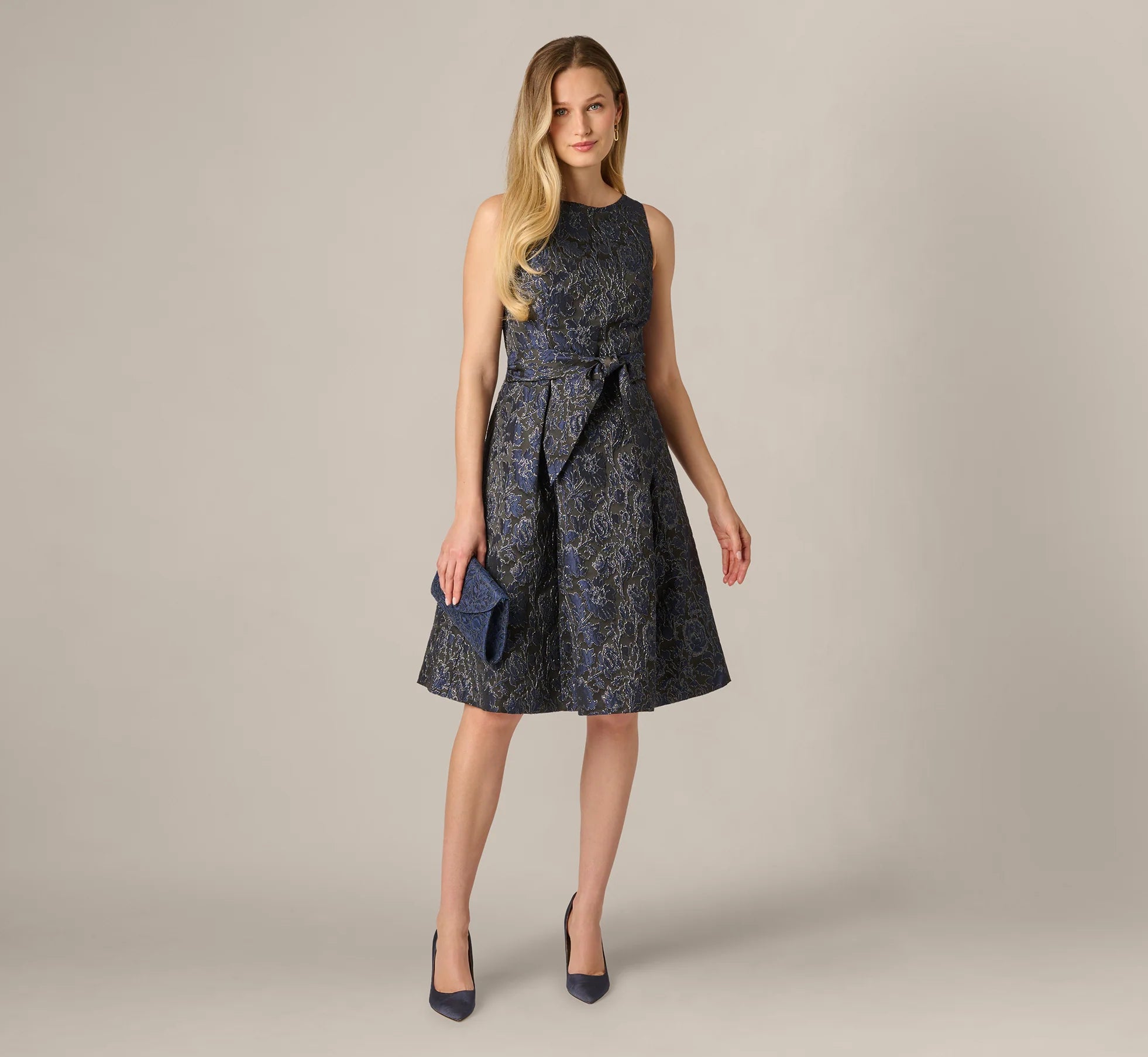 Jacquard Tie Front Fit And Flare Midi Dress In Black Navy