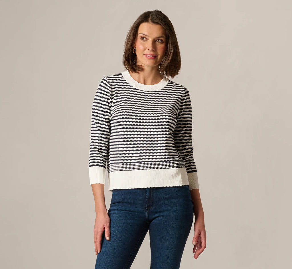 Three Quarter Sleeve Stripe Knit Sweater Top In Ivory Navy