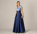 Sleeveless Color Block Tuxedo Ballgown In Icy Topaz Navy