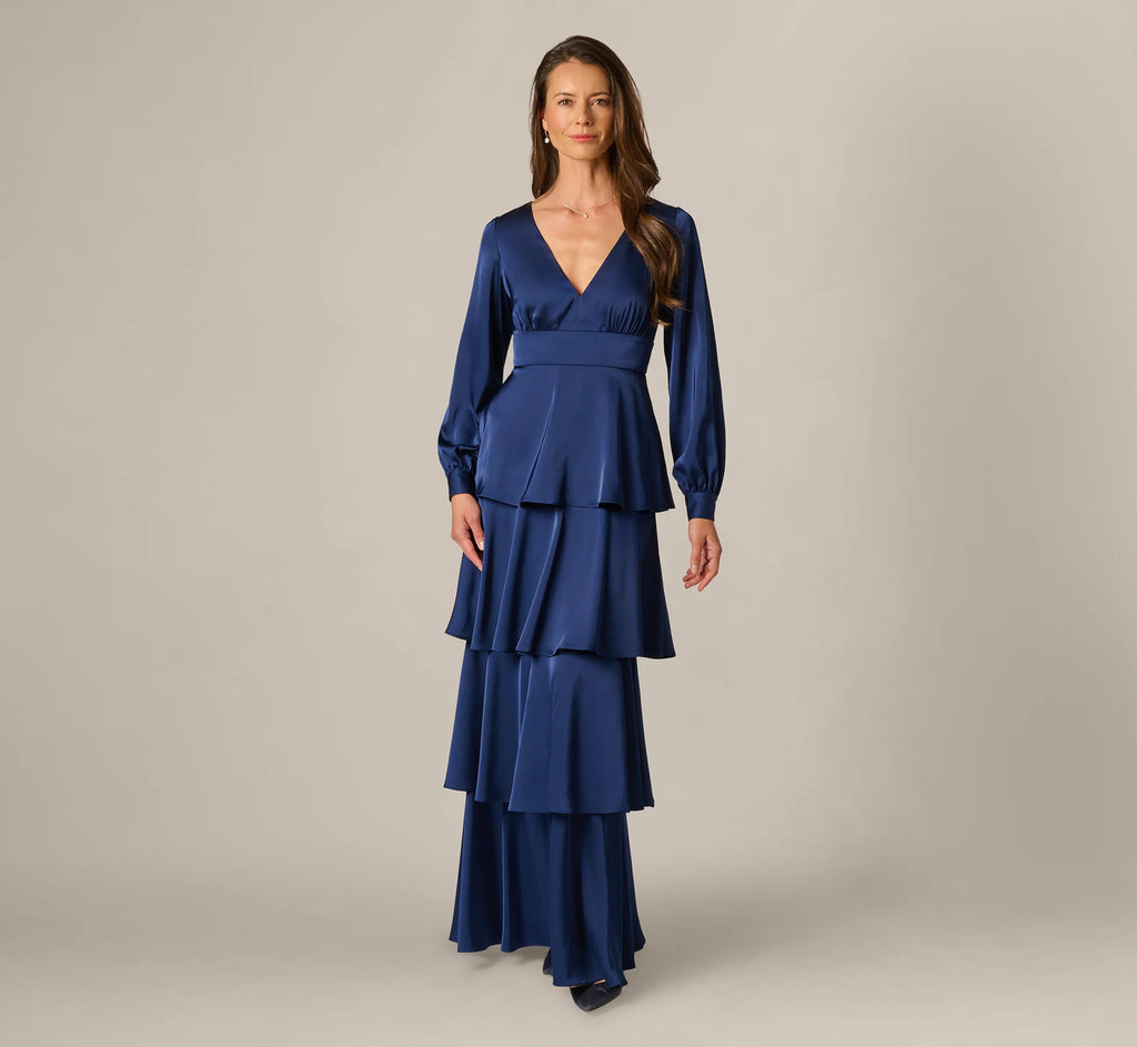 Long Sleeve Satin Tiered Gown In Navy Sateen
