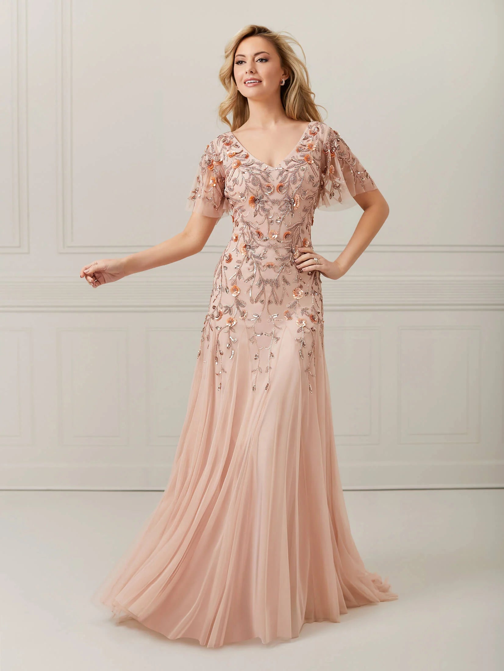 Hand-Beaded A-Line Ruffle-Sleeve Dress