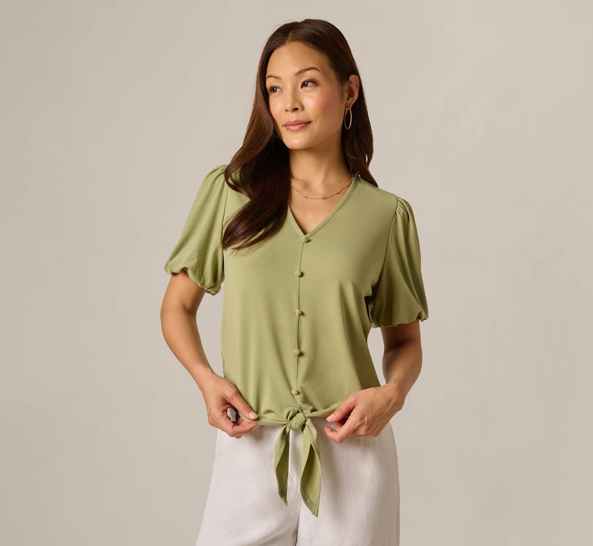 Short Sleeve Tie Waist Pullover Top In Oak Moss