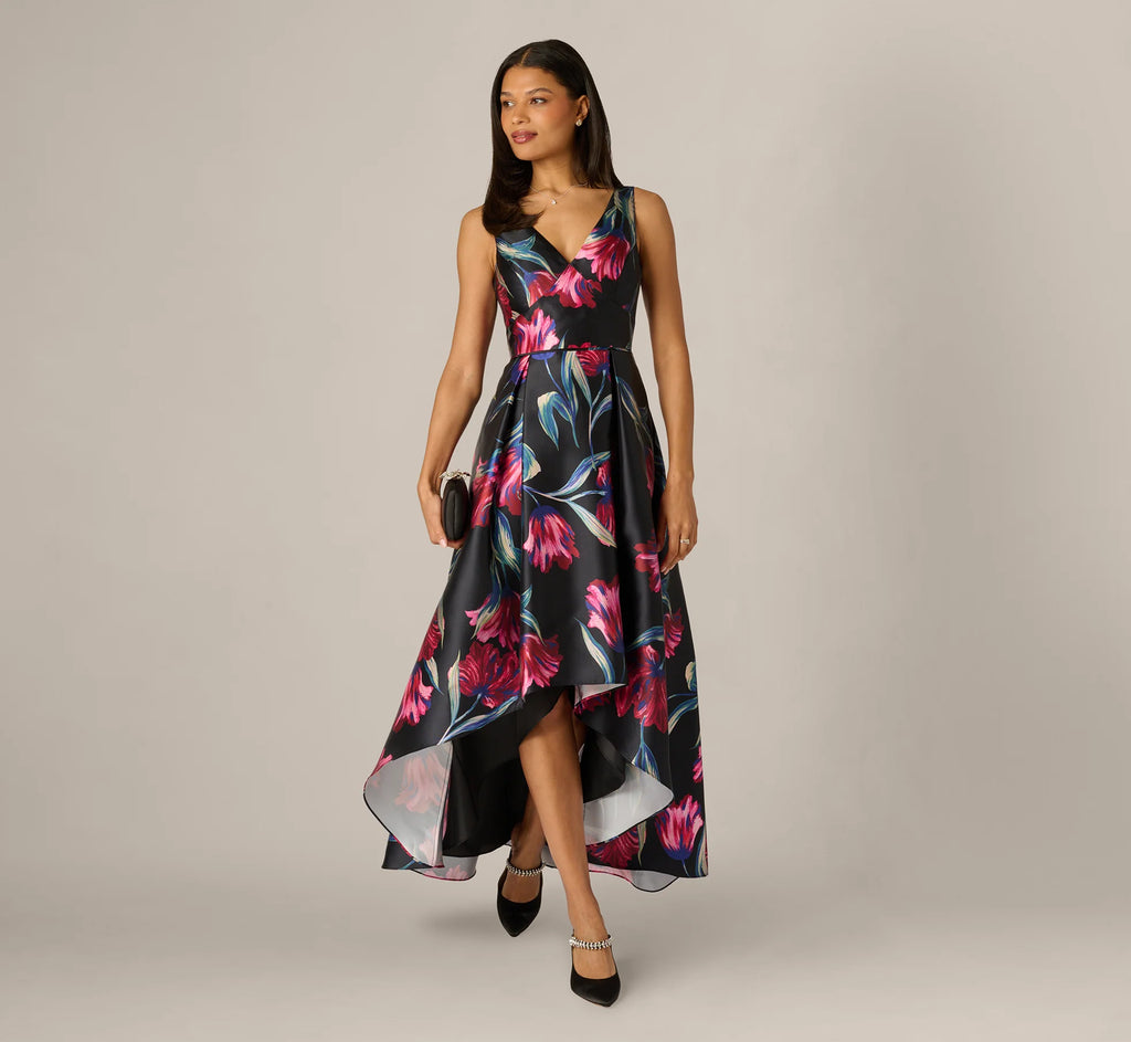 Floral Print Mikado High Low Gown In Black Multi