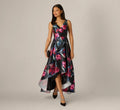 Floral Print Mikado High Low Gown In Black Multi