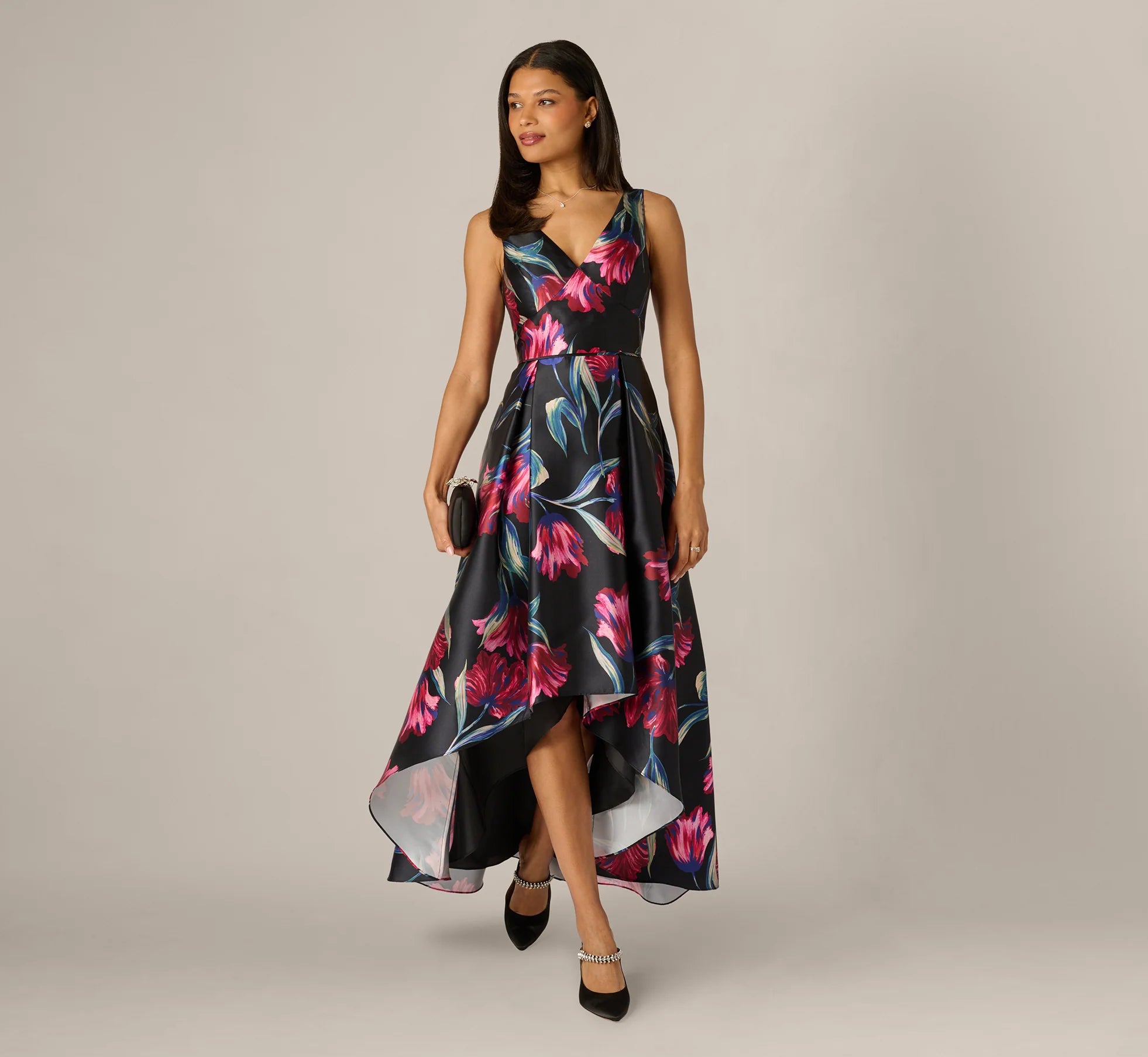 Floral Print Mikado High Low Gown In Black Multi