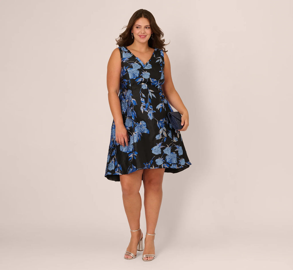 Plus Size Floral Jacquard Short Fit And Flare Dress In Blue Black Multi
