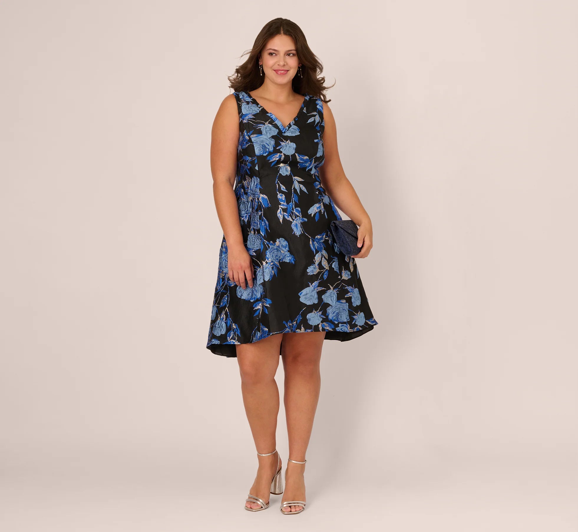 Plus Size Floral Jacquard Short Fit And Flare Dress In Blue Black Multi