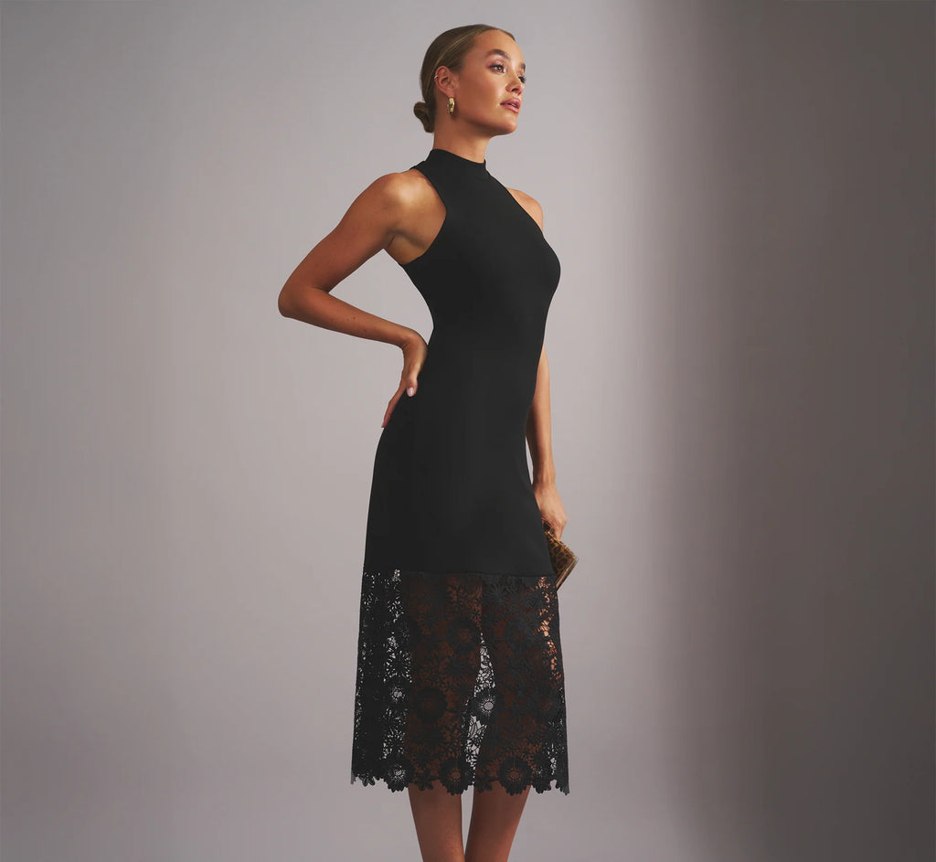 Sleeveless Lace Hem Midi Sheath Dress In Black