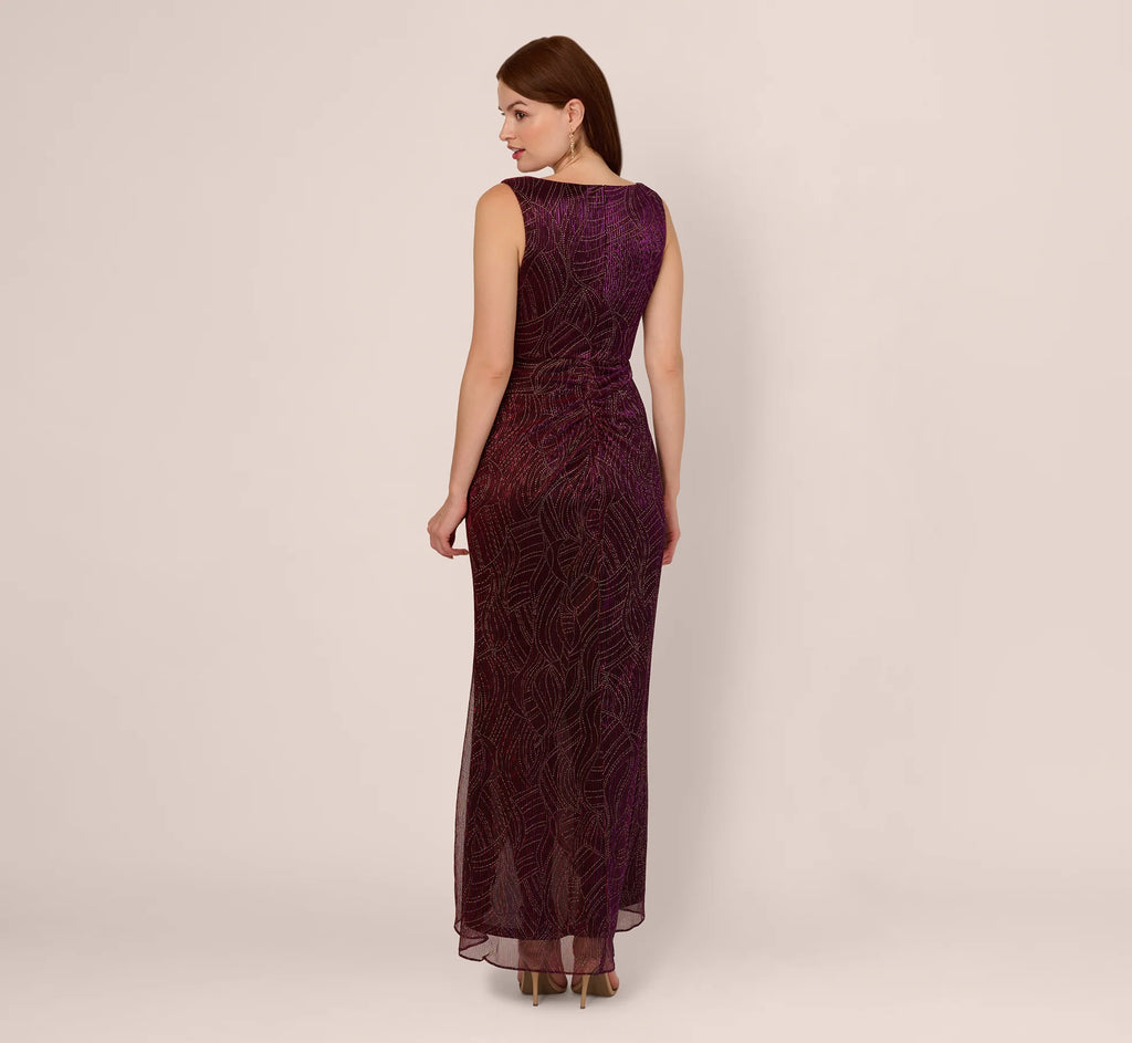 Metallic Mesh Faux Wrap Gown With Ruffle Accents In Burgundy Gold
