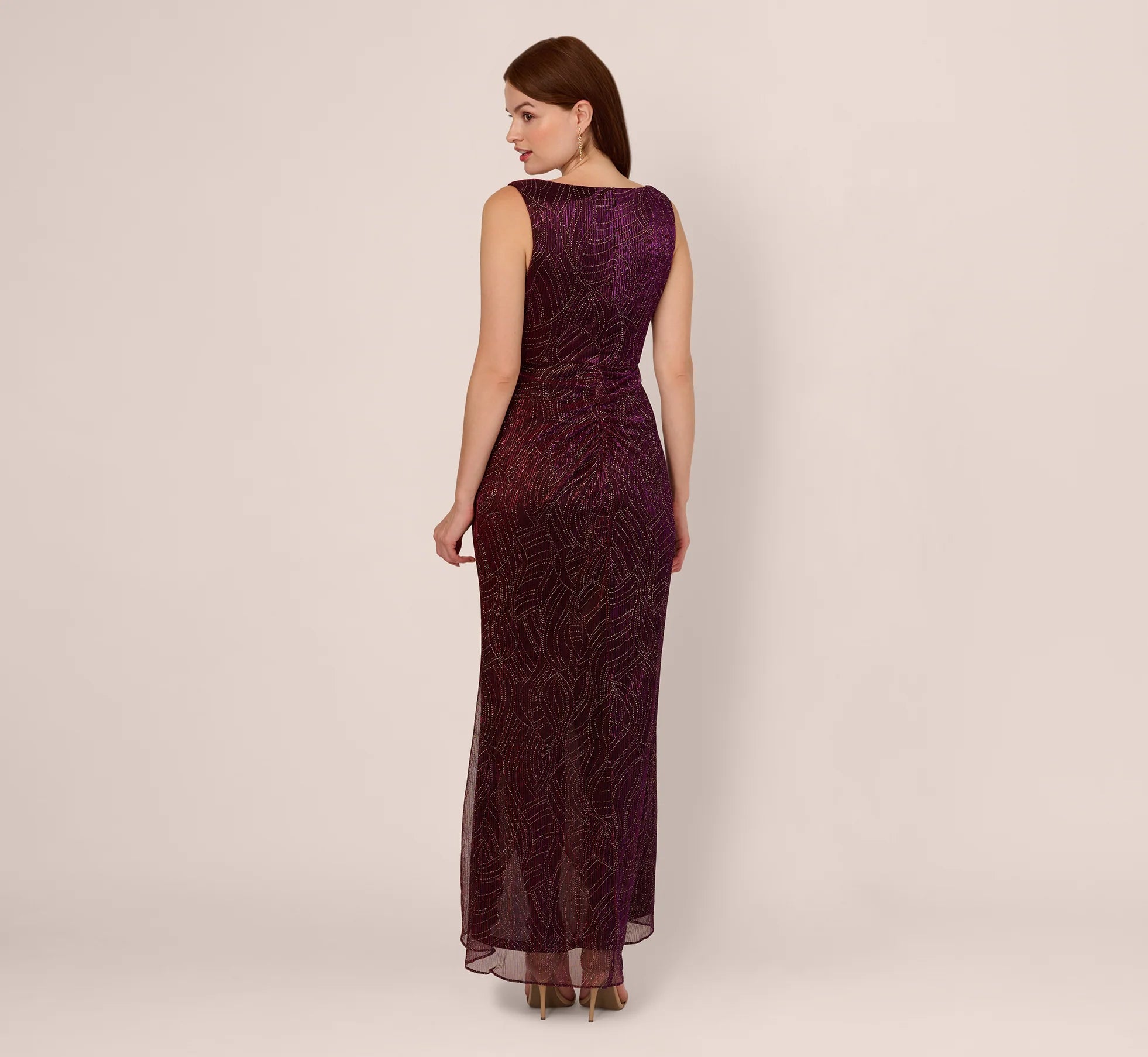 Metallic Mesh Faux Wrap Gown With Ruffle Accents In Burgundy Gold
