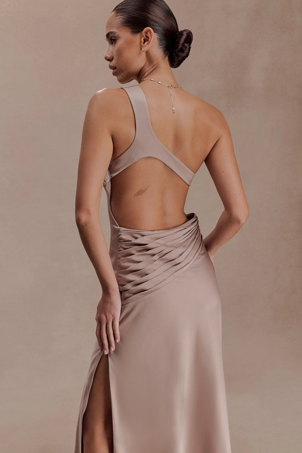 Lyla Asymmetrical Satin Maxi Dress - Bronze Taupe