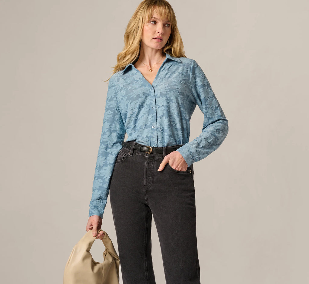Long Sleeve Semisheer Burnout Floral Blouse In Stone Blue