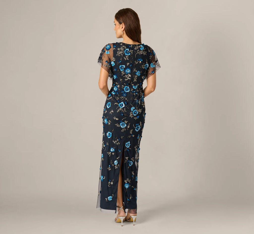 Flutter Sleeve Floral Beaded Column Gown In Midnight Multi