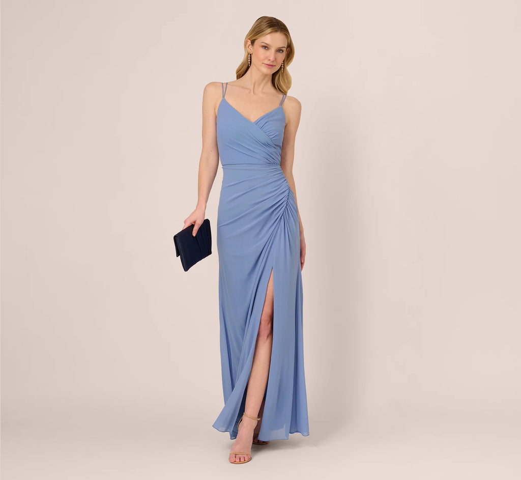 Sleeveless Mesh Gathered And Draped Gown In French Blue