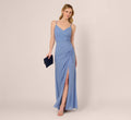Sleeveless Mesh Gathered And Draped Gown In French Blue
