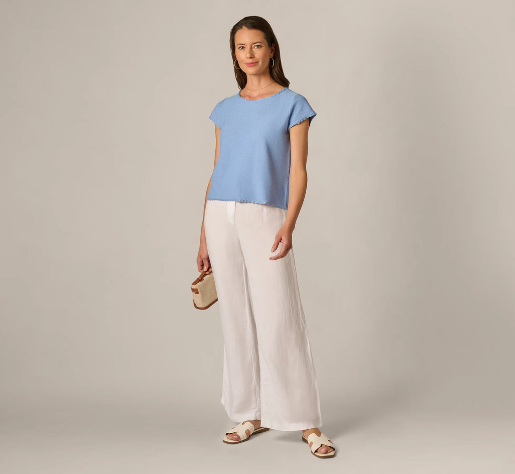 Cap Sleeve Crochet Scallop Sweater Top In Classic Blue
