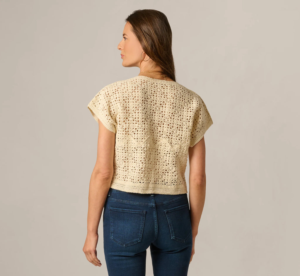 Short Sleeve Open Crochet Top In Cream