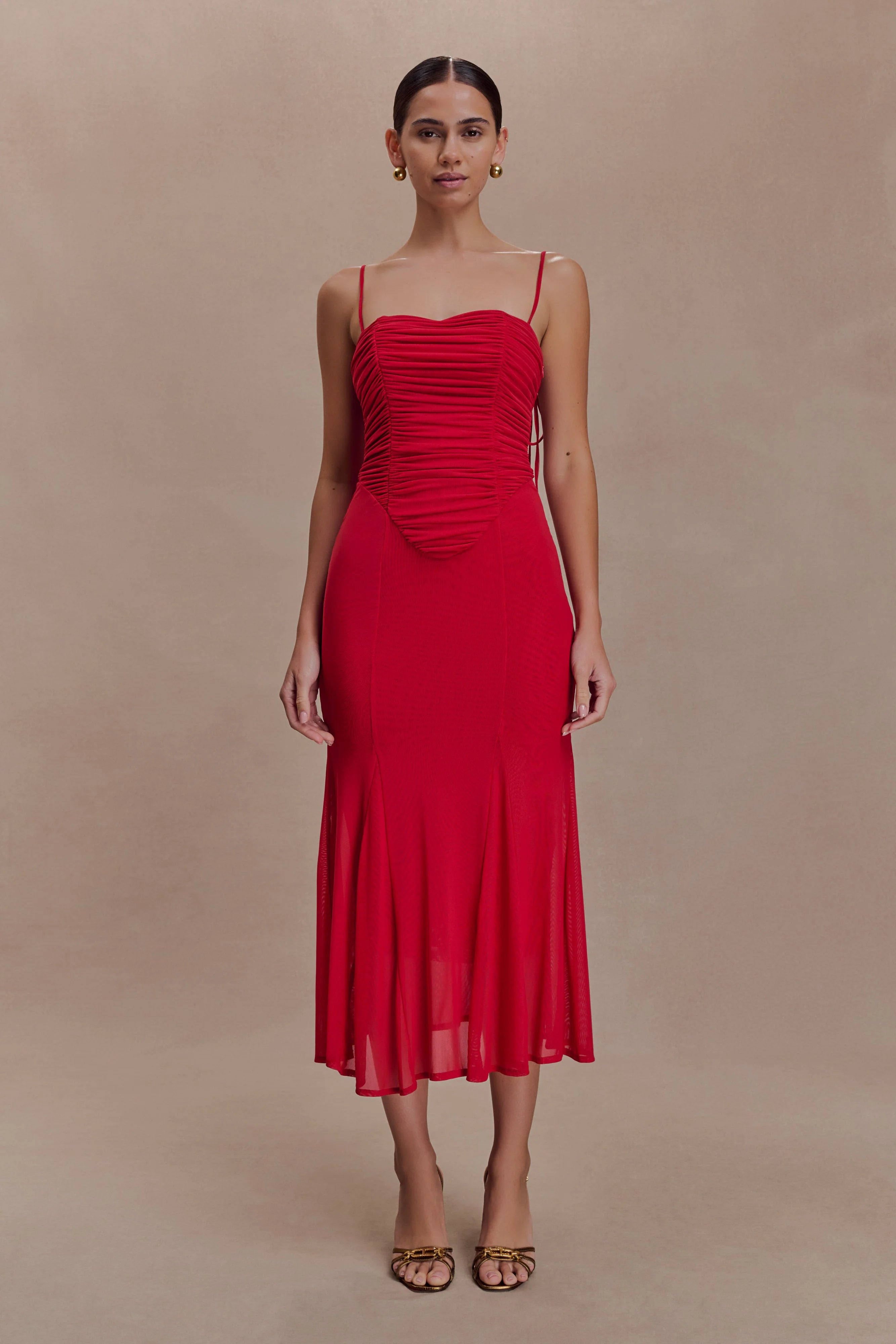 Willa Gathered Mesh Midi Dress - Ruby
