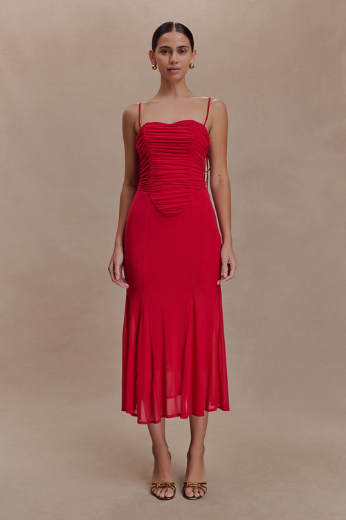Willa Gathered Mesh Midi Dress - Ruby