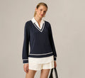 Long Sleeve Collared Twofer Tipped Sweater In Navy Ivory W  Ivory