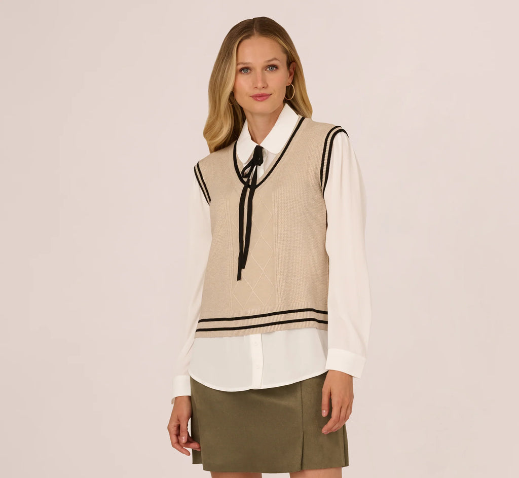 Long Sleeve Tie Neck Sweater Vest Twofer Top In Neutral Black