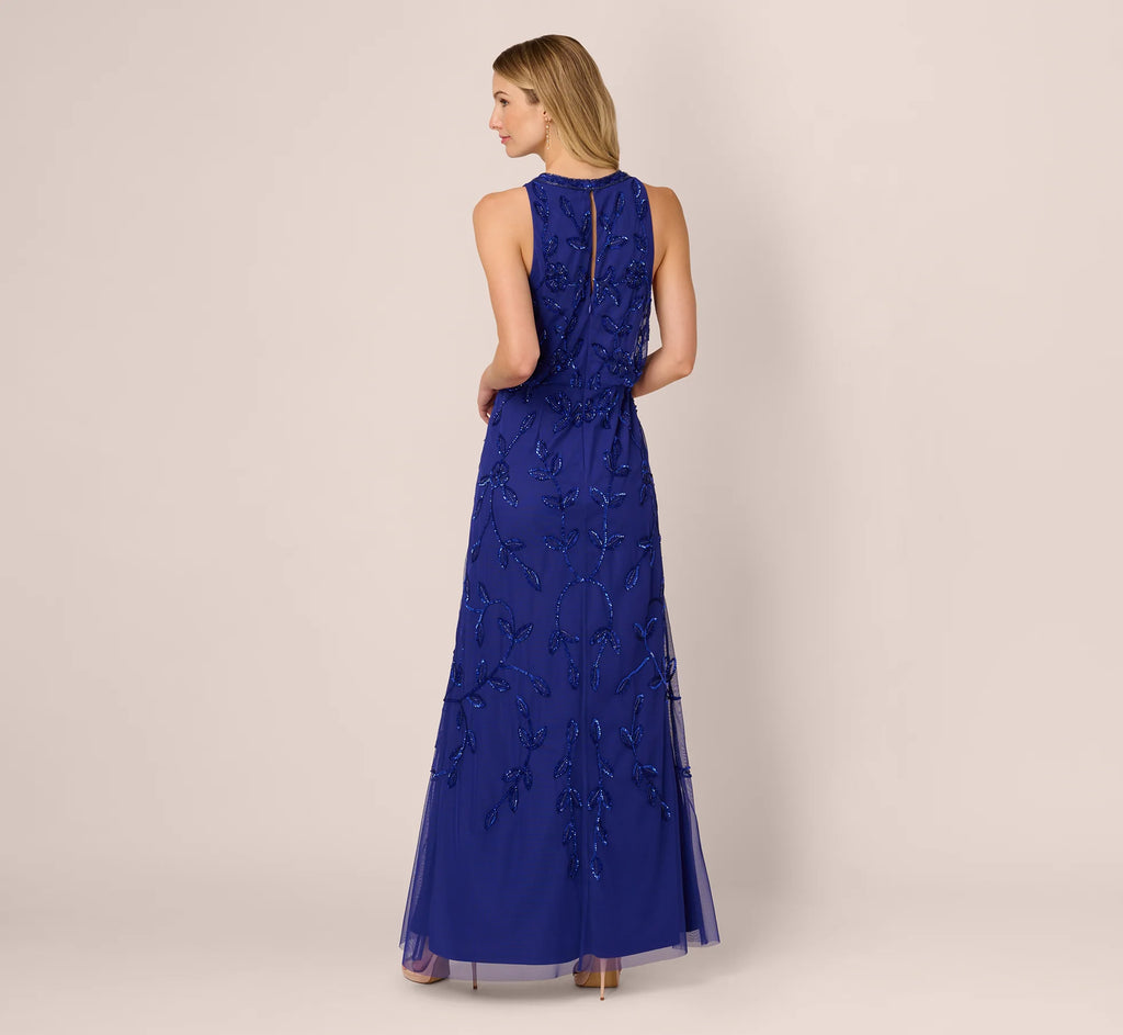 Sleeveless Blouson Mermaid Gown With Jasmine Beading In Dark Blue Violet