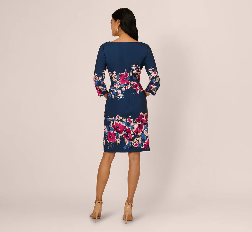 Three Quarter Sleeve Floral Sheath Dress In Navy Pink Multi