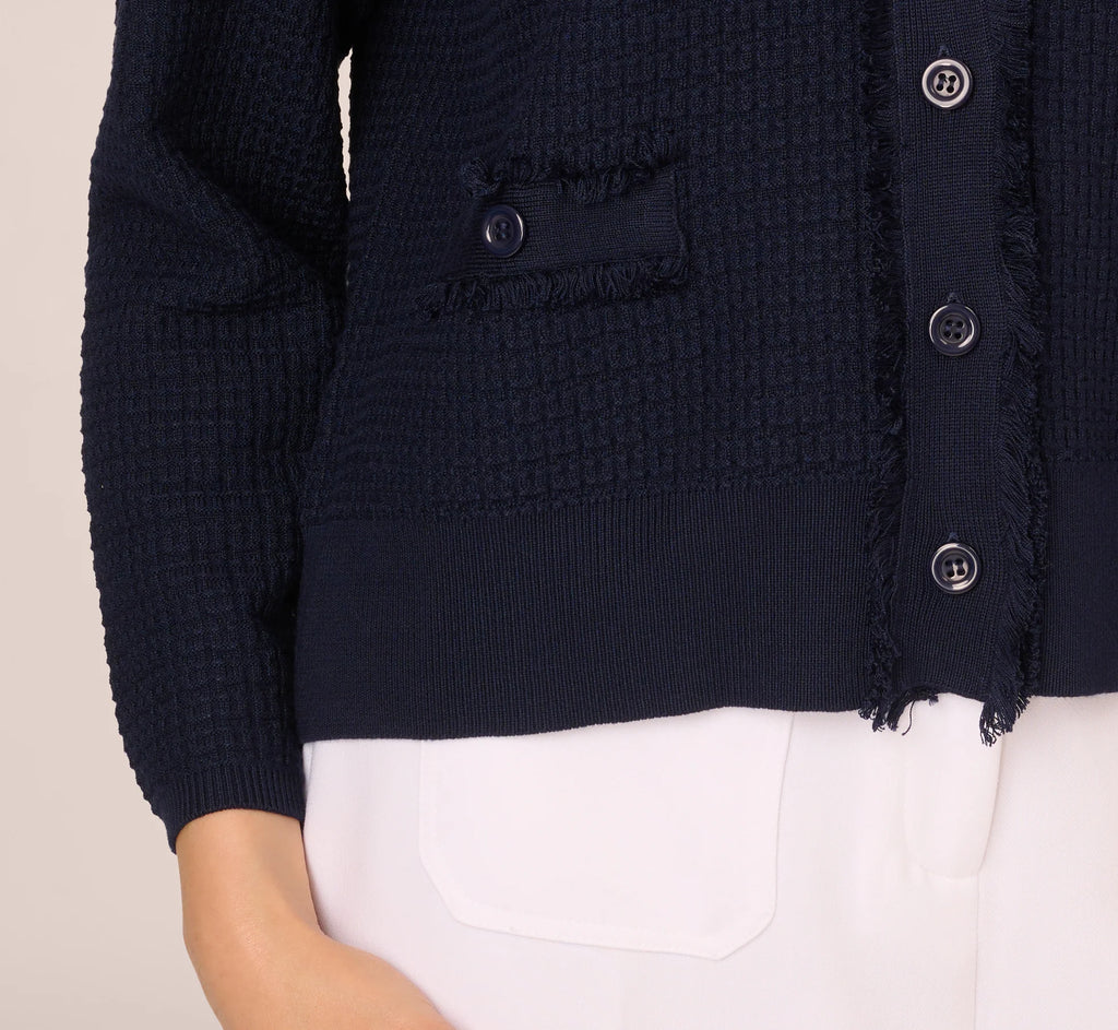 Waffle Knit Cardigan Sweater With Frayed Edges In Blue Moon