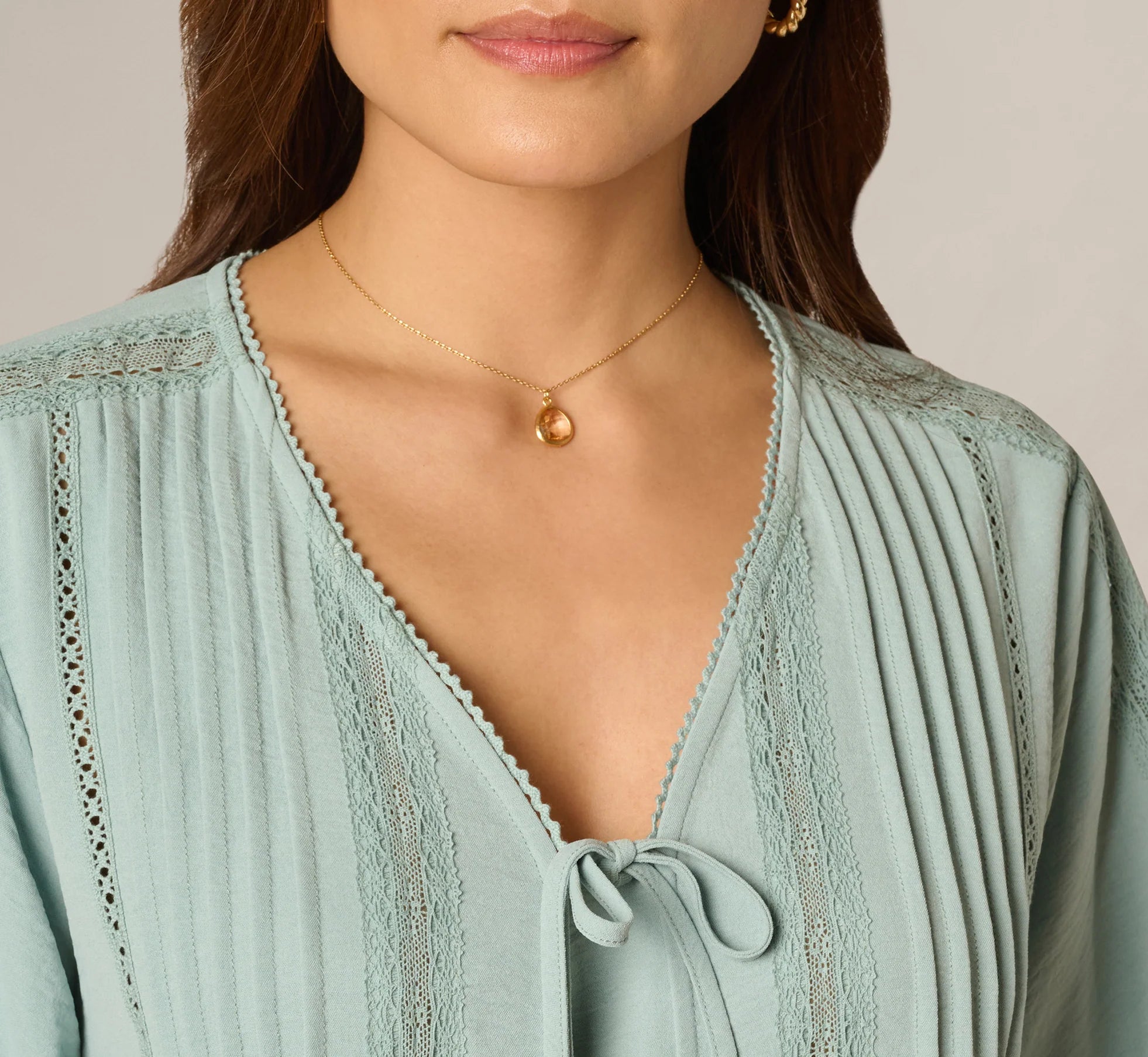 Short Sleeve Pintuck Lace Tie Front Top In Dusty Seamist