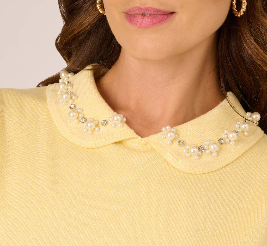 Puff Sleeve Beaded Peter Pan Collar Top In Pastel Yellow