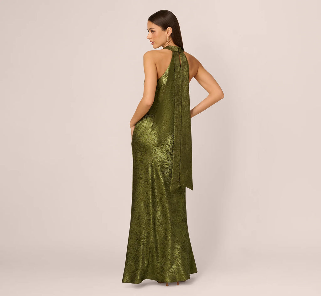 Foiled Mermaid Gown With Halter Neckline In Dark Olive
