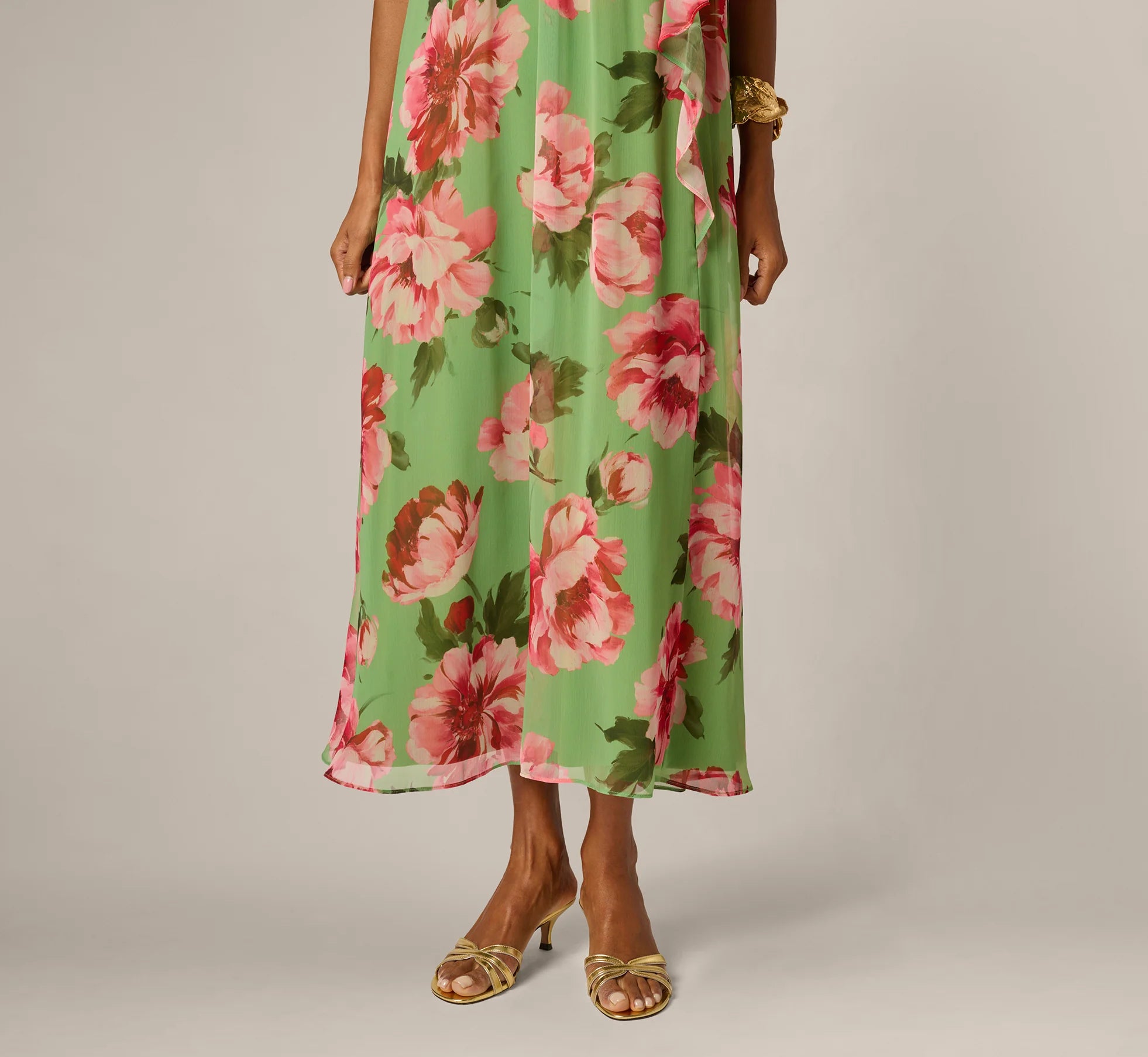 Draped Floral Chiffon Halter Trapeze Gown In Lime Multi