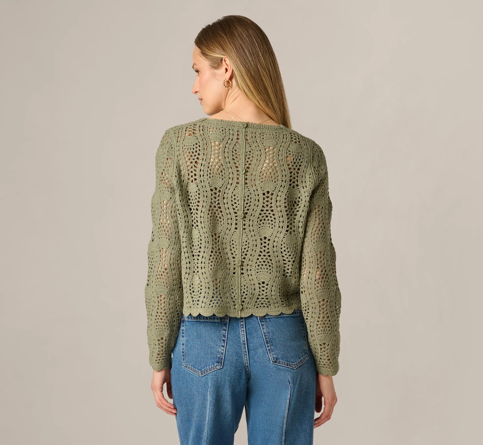 Long Sleeve Open Crochet Sweater In Sage Moss