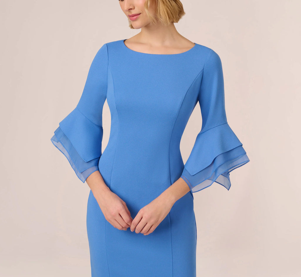 Knit Crepe Sheath Dress With Tiered Three Quarter Sleeves In Cool Water