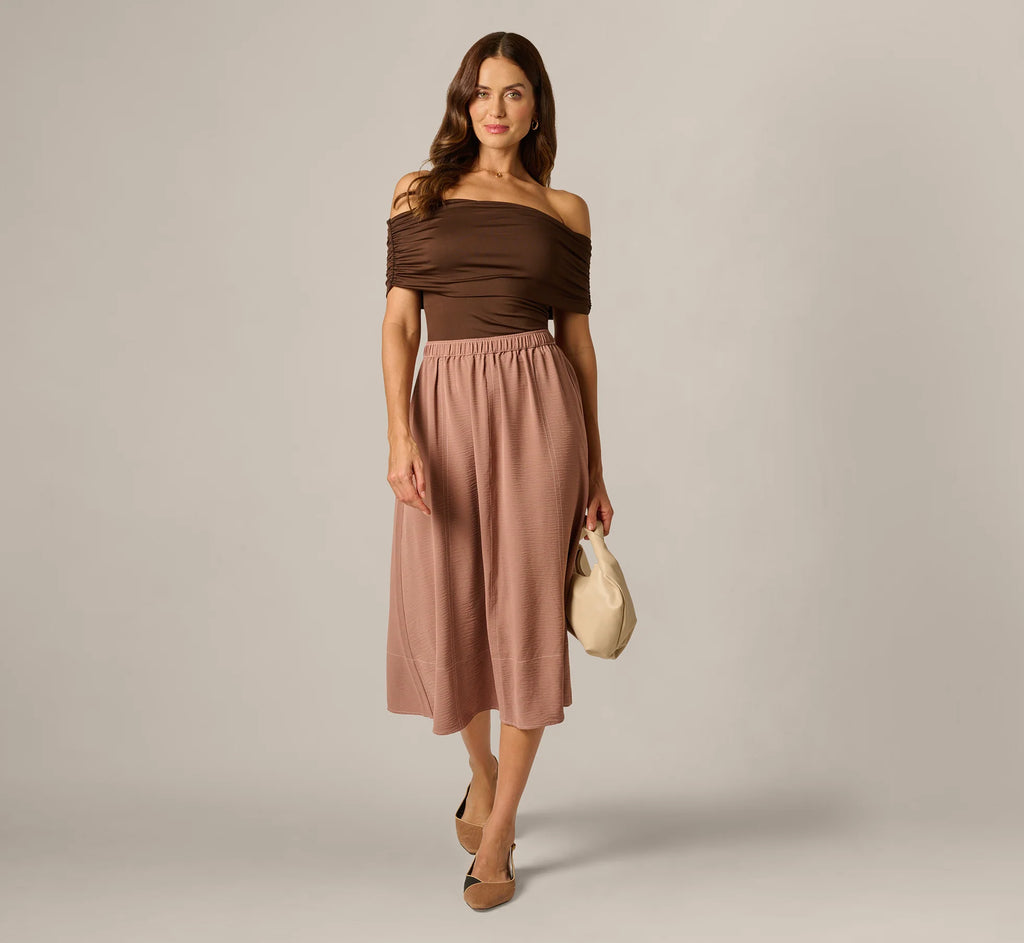 Airflow Topstitch A Line Midi Skirt In Chocolate Malt Cream