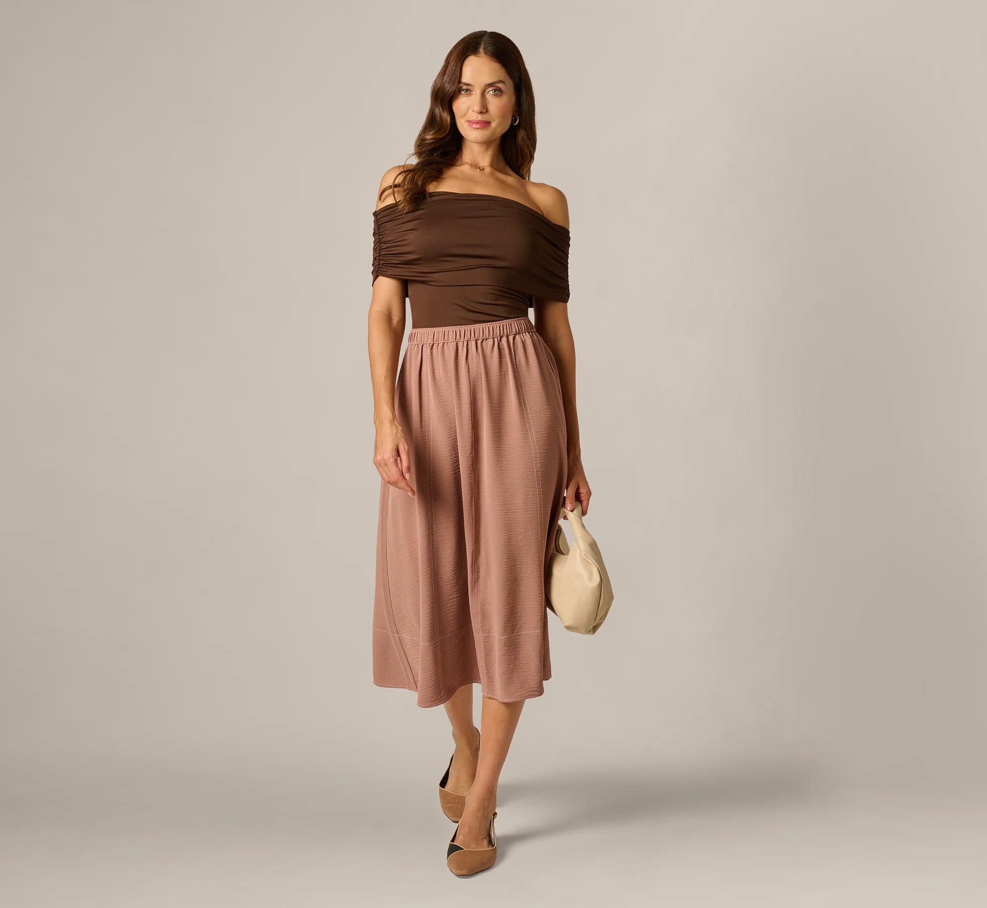 Airflow Topstitch A Line Midi Skirt In Chocolate Malt Cream