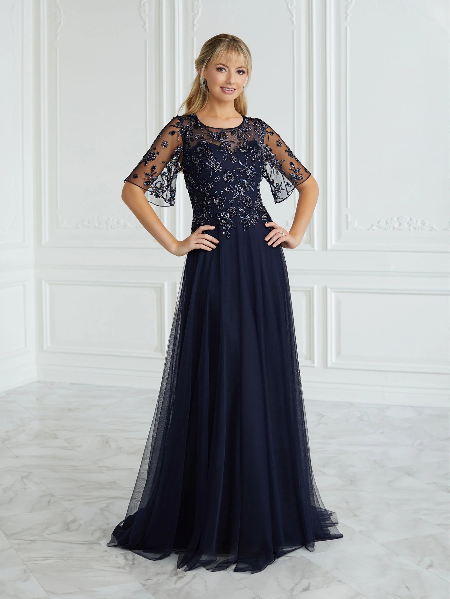 Hand-Beaded Illusion A-Line Gown
