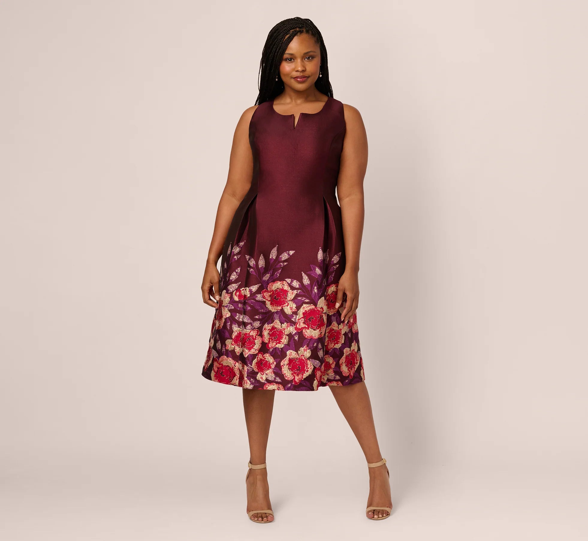 Plus Size Sleeveless Floral Border Jacquard Midi Dress In Plum Multi